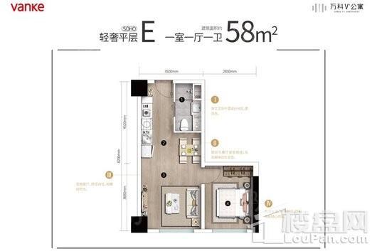 万科V+公寓|魅力之城E户型 1室1厅1卫1厨