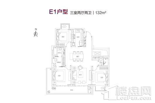绿地天空树132平E1户型 3室2厅2卫1厨