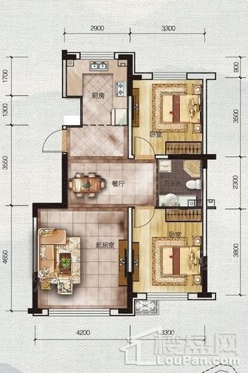 书香蓝郡89.31平米户型图 2室2厅1卫1厨