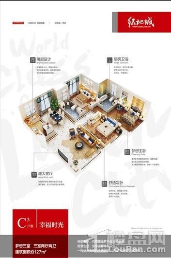 绿地城西区127平米户型 3室2厅2卫1厨