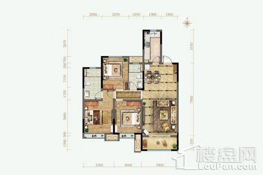 保利西悦春天西区C2户型1 3室2厅2卫1厨