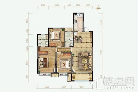 保利西悦春天西区C3户型1 3室2厅2卫1厨