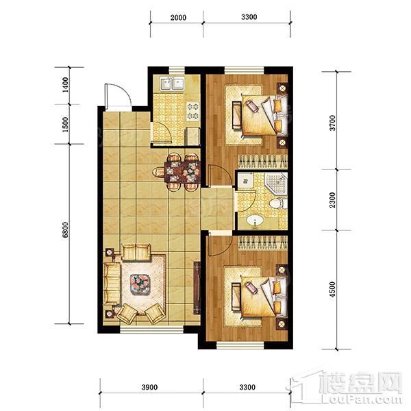 雷凯铂院90平2室2厅1卫A3户型