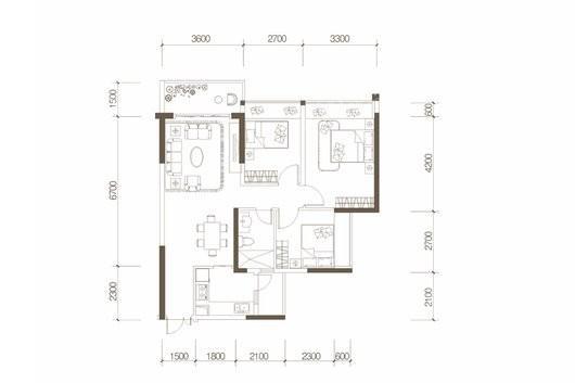 米可社区2号楼B户型 3室2厅1卫1厨
