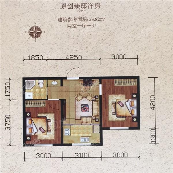 瑞士风情小镇三期铂邸多层53.82平2室1厅1卫 H2户型
