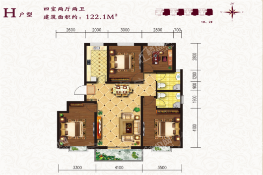 悦庭雅苑1#2#H户型 4室2厅1卫2厨