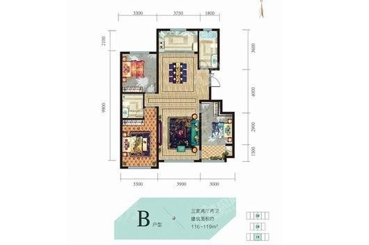凤凰城市广场B户型 3室2厅2卫1厨