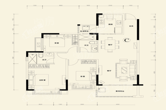 恒大御都会·嘉州城高层C户型 3室2厅2卫1厨
