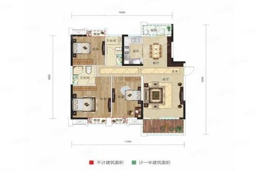 南德泊湖澜岸E户型 3室2厅2卫1厨