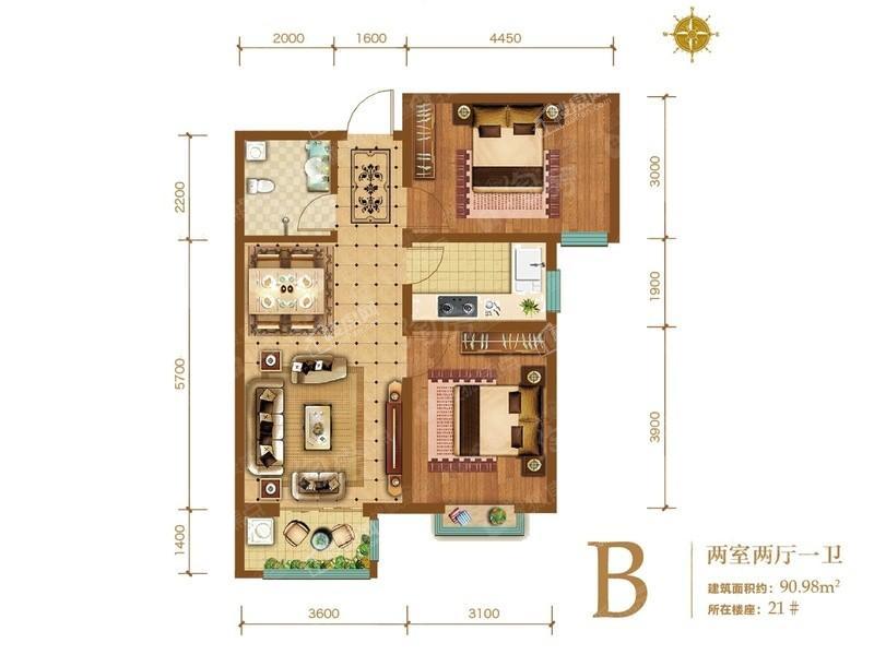 21号楼B-2室2厅1卫-91.0㎡