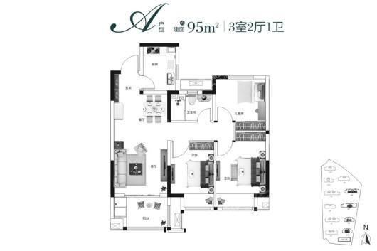 保利海德公园A户型 3室2厅1卫1厨