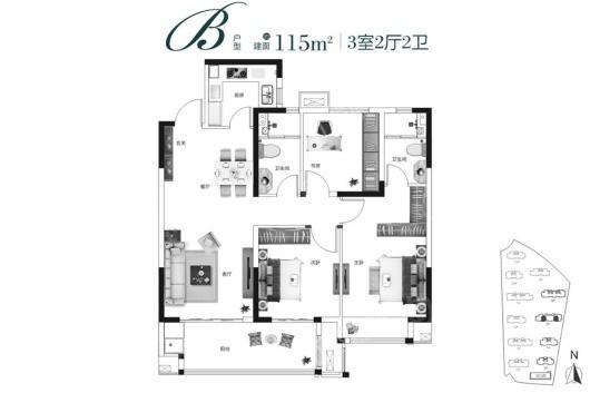 保利海德公园B户型 3室2厅2卫1厨