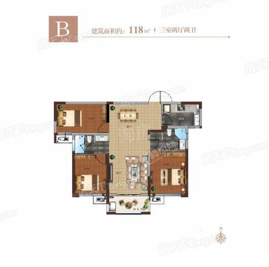 正商书香华府B户型 3室2厅2卫1厨