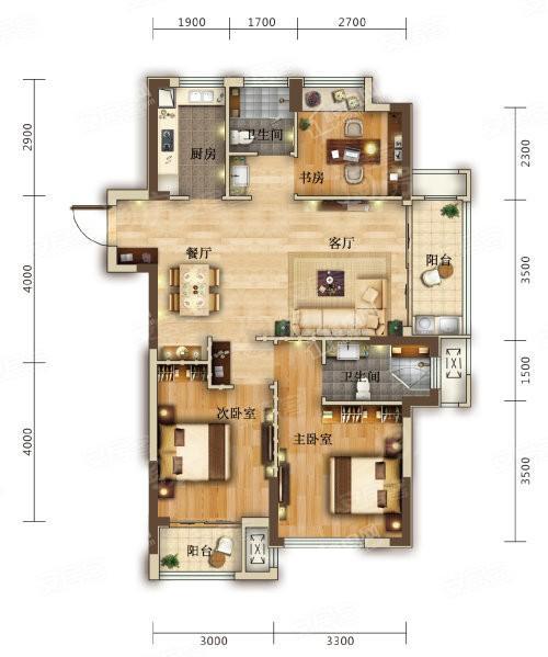B3户型， 3室2厅2卫0厨， 建筑面积约104.00平米