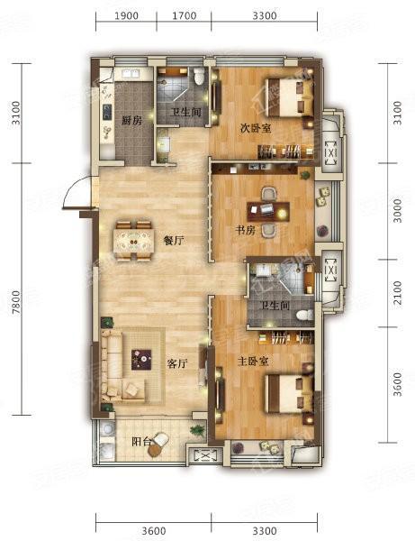 C1户型， 3室2厅2卫0厨， 建筑面积约112.00平米
