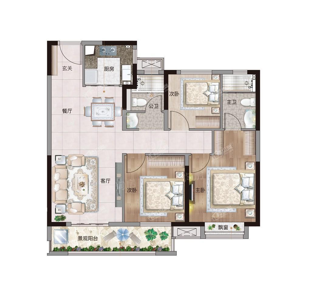 A2户型-3室2厅2卫1厨- 建筑面积约105.00平米
