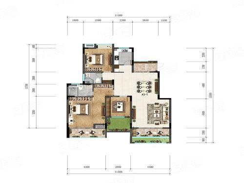 3室2厅2卫1厨， 建筑面积约121.00平米