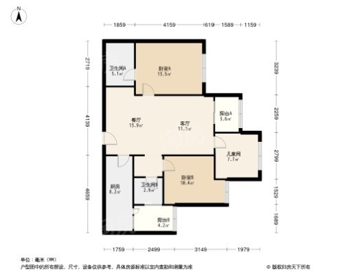 蓝光·申佳·雍锦澜庭A-2户型 3室2厅2卫1厨