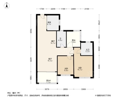 敏捷东樾府建面约85平两房 2室2厅2卫1厨