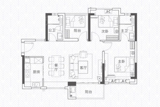 敏捷东樾府建面约85平两房户型 2室2厅2卫1厨