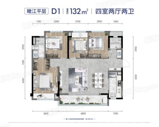 龙湖江天阙项目D1户型 4室2厅2卫1厨