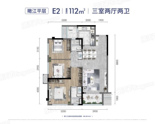 龙湖江天阙项目E2户型 3室2厅2卫1厨