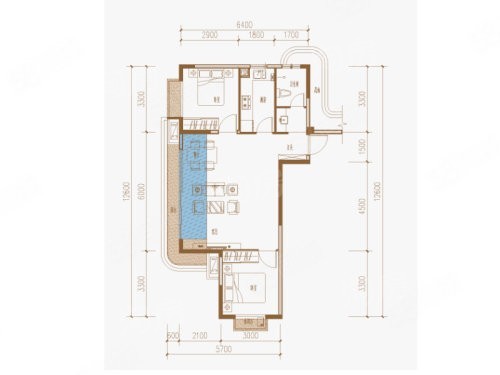 H户型， 2室2厅1卫1厨， 建筑面积约70.70平米