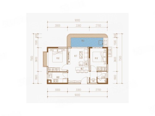 G户型， 2室2厅1卫1厨， 建筑面积约62.30平米