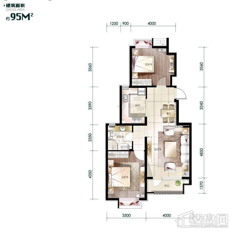 高层标准层A2户型2室2厅1卫