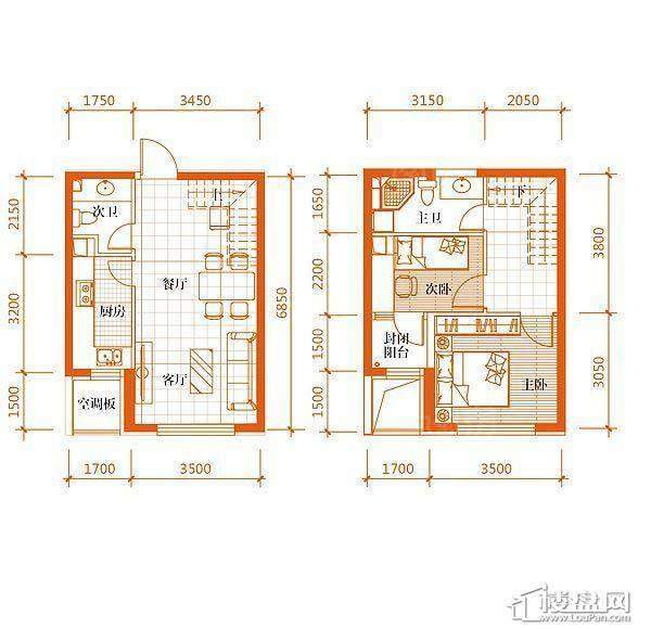 华府丹郡B-3户型2室2厅2卫1厨