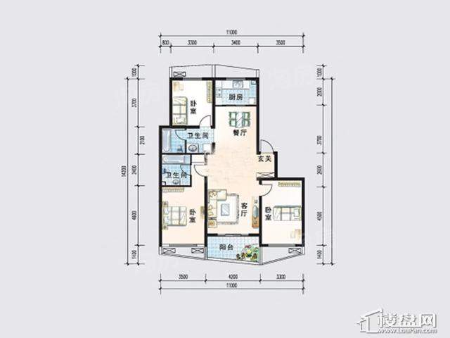 波普洋房B户型3室2厅2卫 127.00㎡