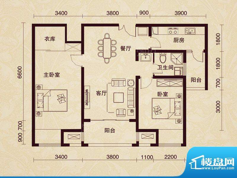 首开水印西堤B2户型面积:97.00平米