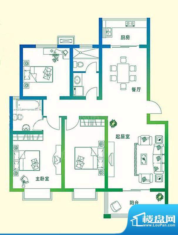 万豪绿城B2户型 3室面积:124.00平米