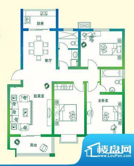 万豪绿城B1户型 3室面积:127.00平米