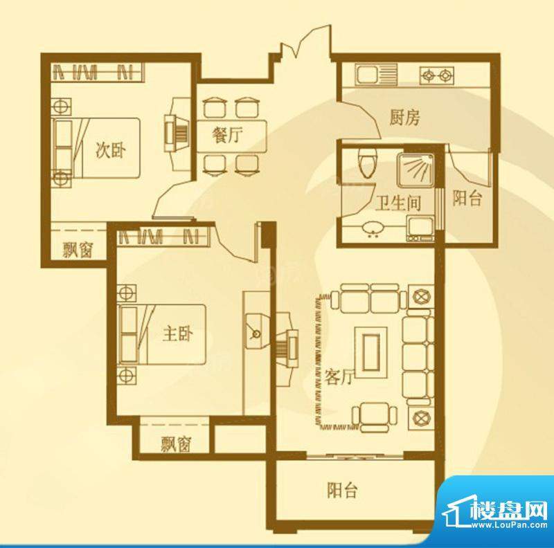 御景龙湾C户型 2室2面积:85.00平米