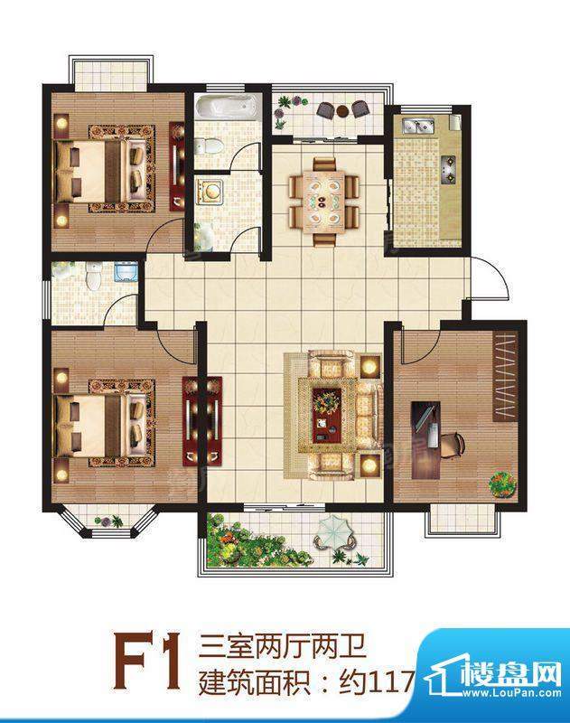 御林华府F1户型 3室面积:117.00平米