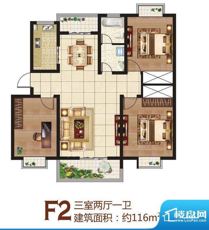 御林华府F2户型 3室面积:116.00平米