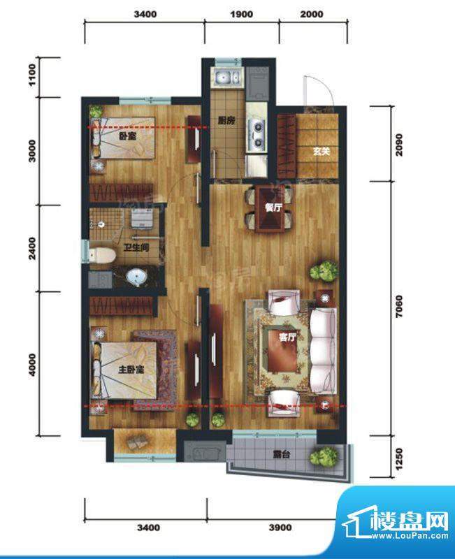 万科蓝山F2户型图 2面积:90.00平米
