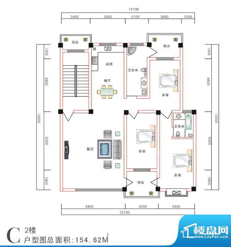 西湖景园C2户型 3室面积:154.62m平米