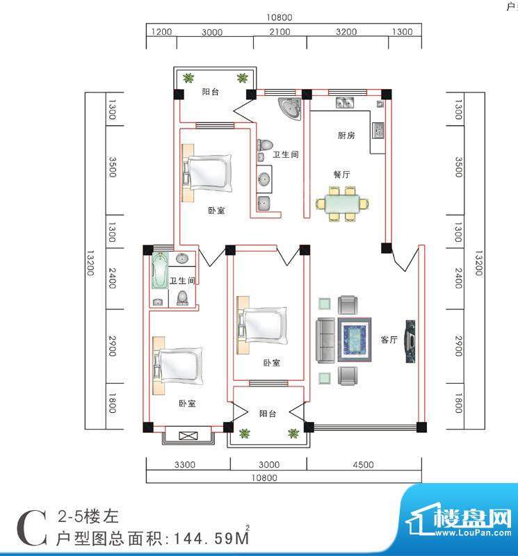 西湖景园C户型 3室2面积:144.59m平米