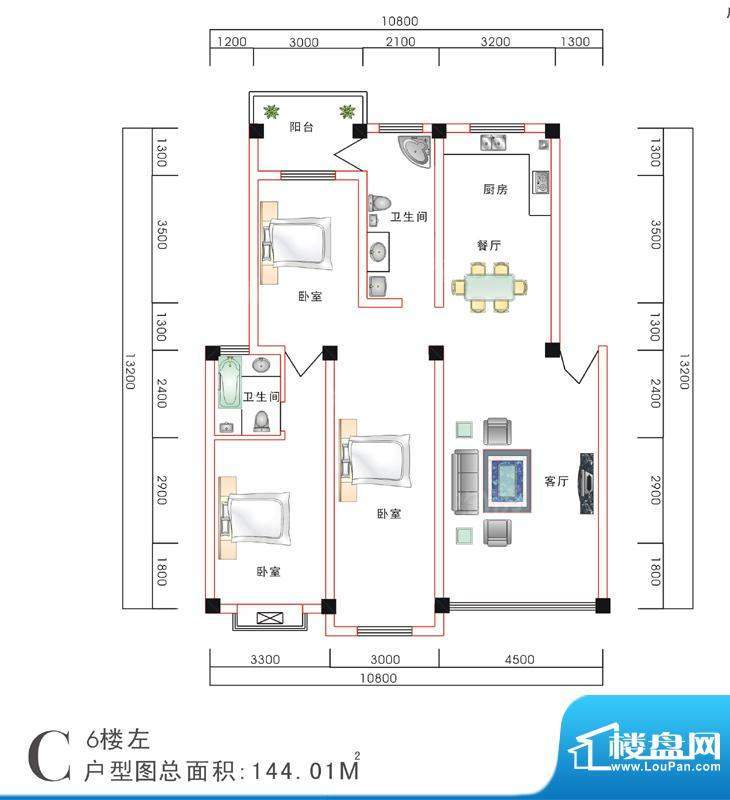 西湖景园C3户型 3室面积:144.01m平米