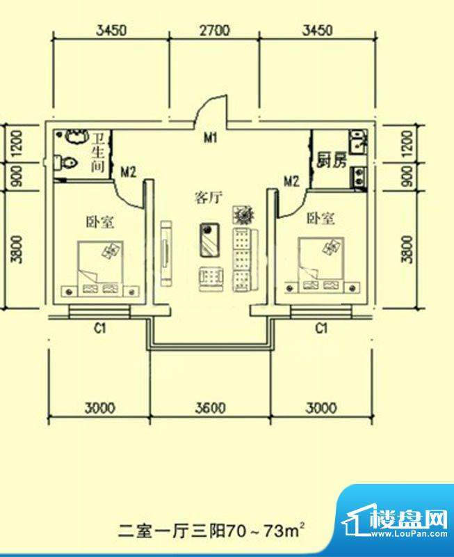 文龙家园E户型图 2室面积:70.00平米