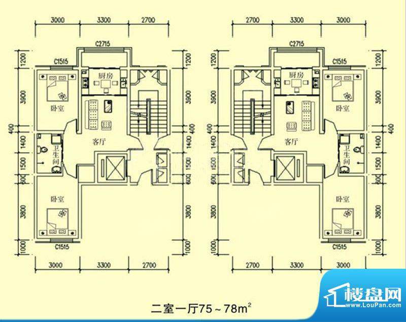 文龙家园F户型图 2室面积:75.00平米