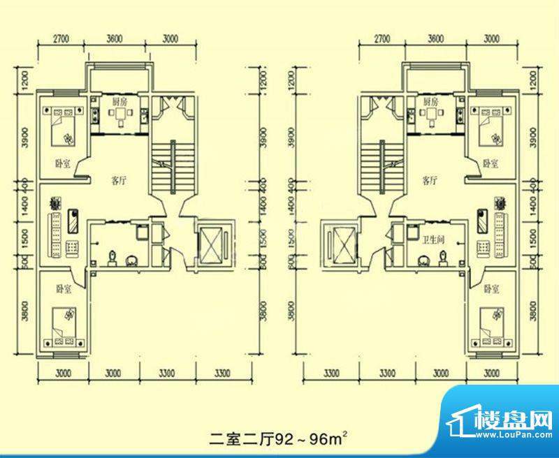 文龙家园G户型图 2室面积:92.00平米