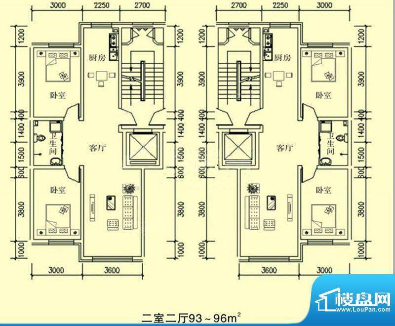 文龙家园H户型图 2室面积:93.00平米