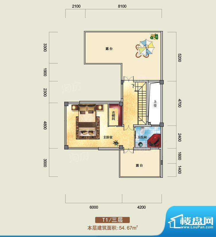 鸿洲江山联排别墅T1面积:54.67平米