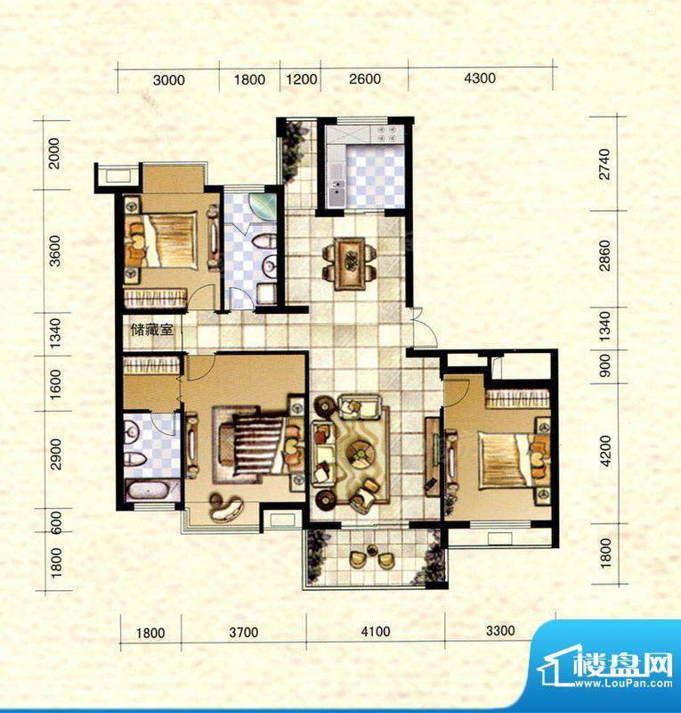 盛世香园J户型 3室2面积:141.00m平米