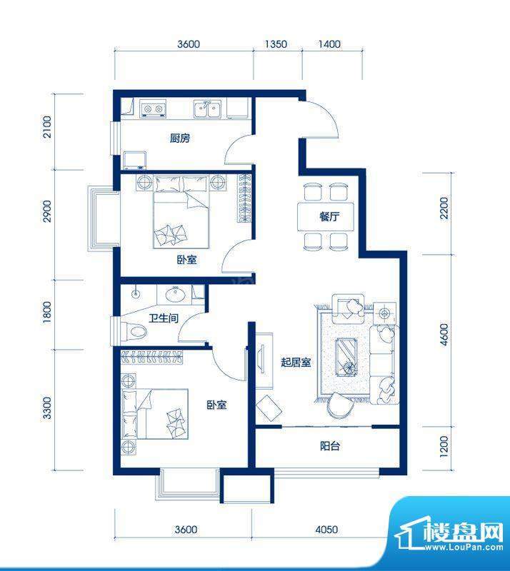 海岸国际D户型两室两面积:86.83m平米