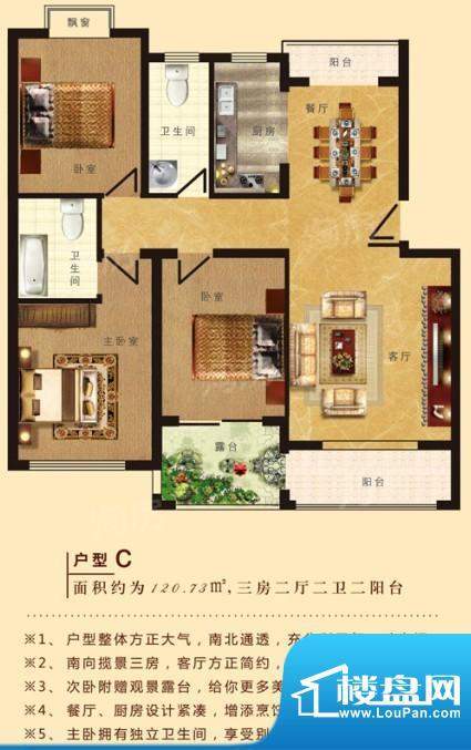 华创·金桂园C户型 面积:120.73m平米