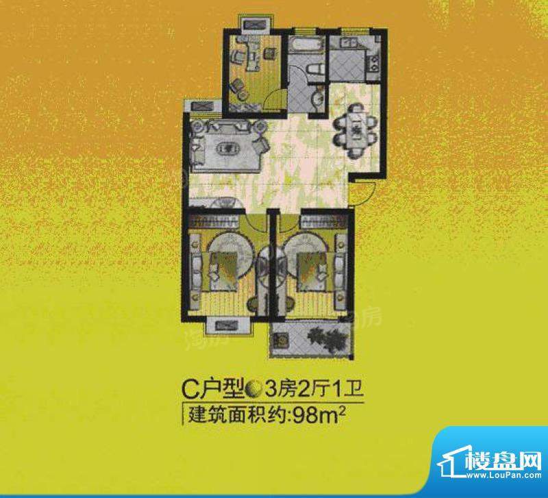 奥林晴园标准层C户型面积:98.00平米